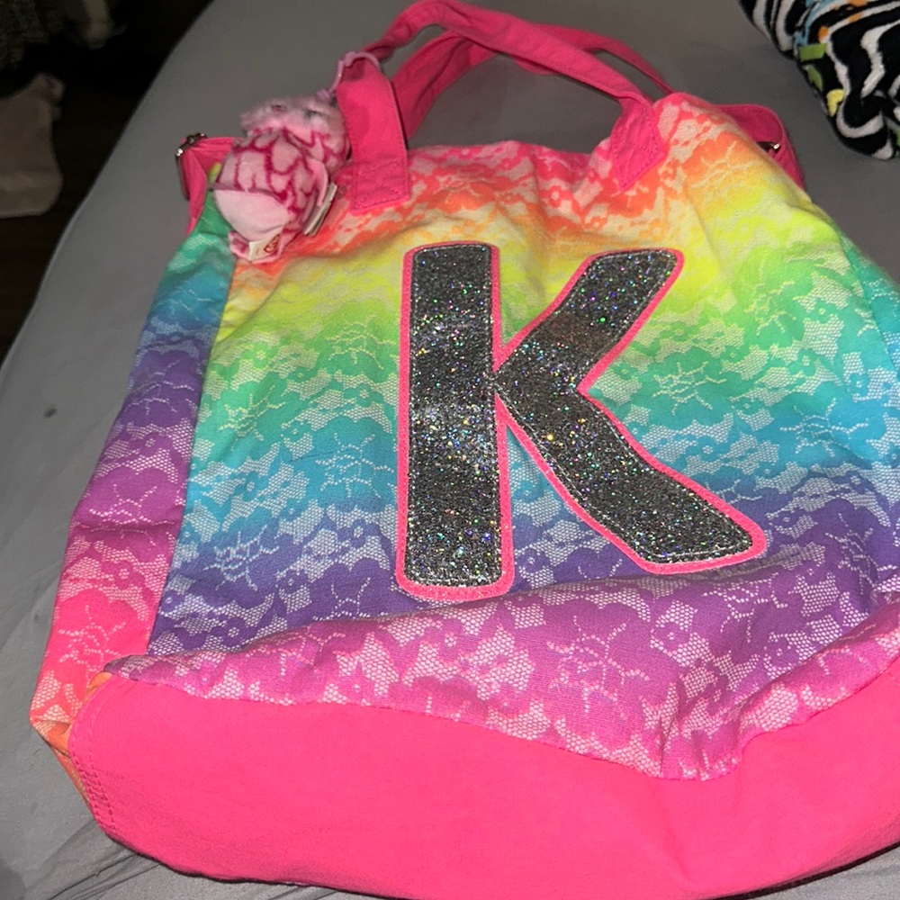 Justice like new K silver glitter int bag hot pink rainbow colors so cute 🥰